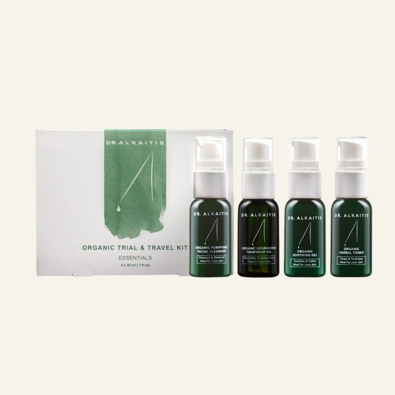 Dr. Alkatis Organic Trial & Travel Kit with sizes that are ideal for traveling.